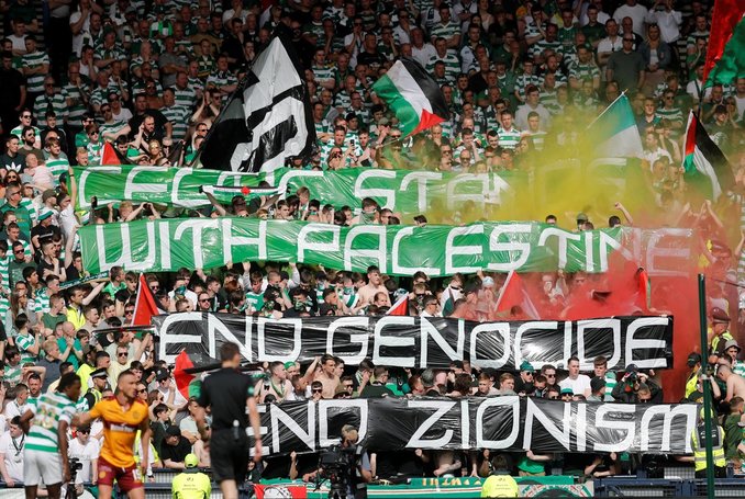 Celtic fans fly Palestine flags for Gaza protest victims